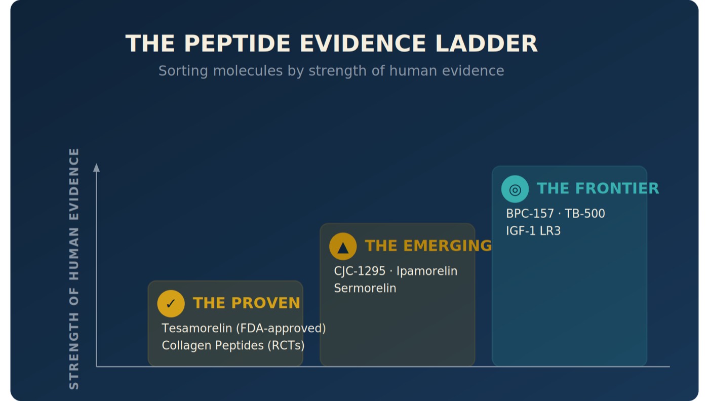 The Peptide Evidence Ladder: Proven, Emerging, Frontier