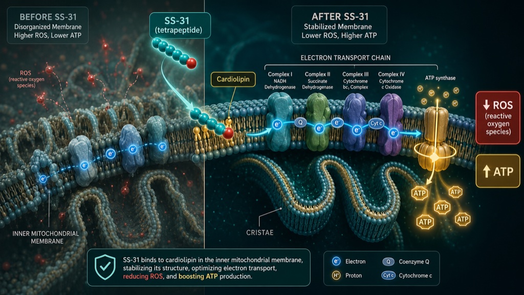 SS-31 concentrates inside the inner mitochondrial membrane and binds cardiolipin, the lipid that organises the respiratory chain