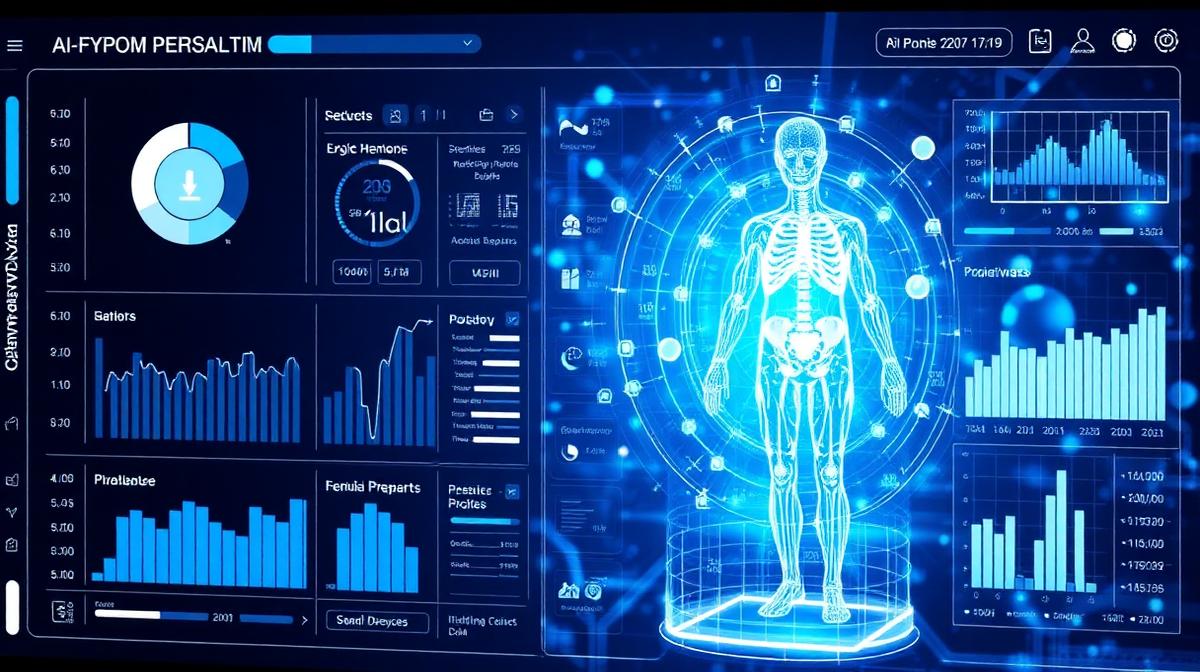 AI-powered personalized medicine — digital twin health dashboard integrating biomarker data, wearable metrics, and predictive modeling