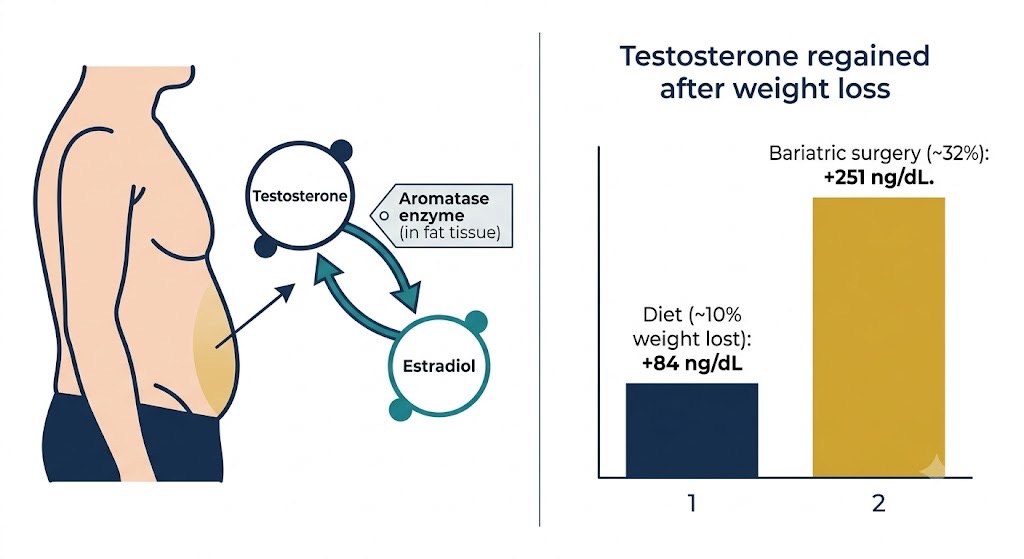 Fat converts testosterone to estrogen via aromatase