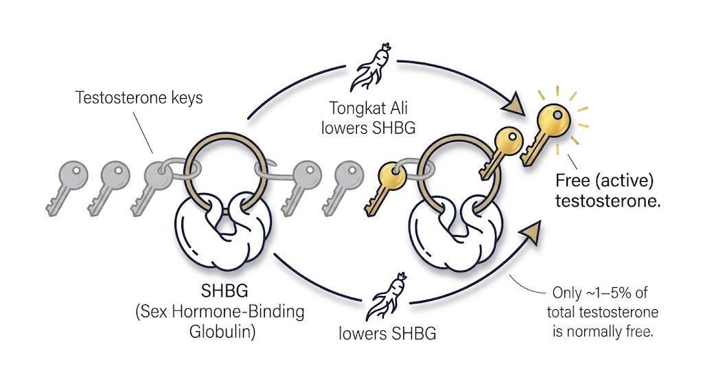 Tongkat Ali frees testosterone by lowering SHBG
