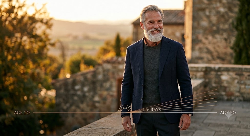 Skin keeps a ledger rather than a snapshot: the unprotected sun of your twenties posts its returns in your fifties