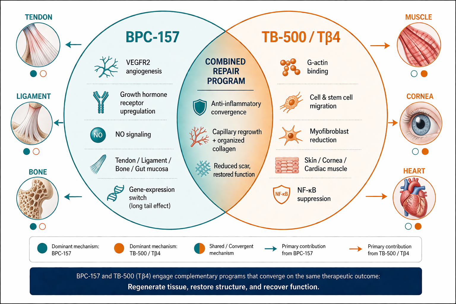 Venn diagram showing complementary mechanisms of BPC-157 and TB-500 (thymosin beta-4) in tissue regeneration — VEGFR2 angiogenesis, growth hormone receptor upregulation, NO signaling, G-actin binding, cell migration, and myofibroblast reduction across tendon, ligament, bone, muscle, cornea, and heart tissue